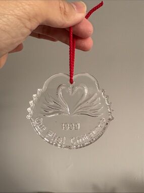 Waterford Crystal Clear Heart Swans Ornament with Red Cord